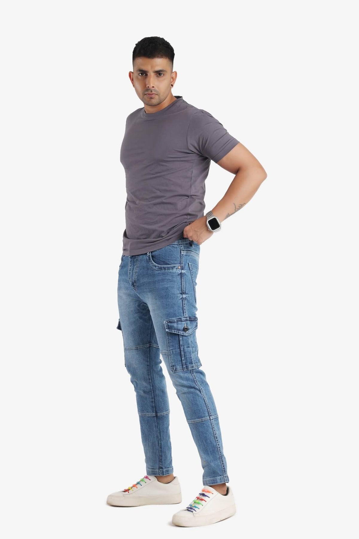 Drawstring Denim Cargo Jogger with Utility Pockets